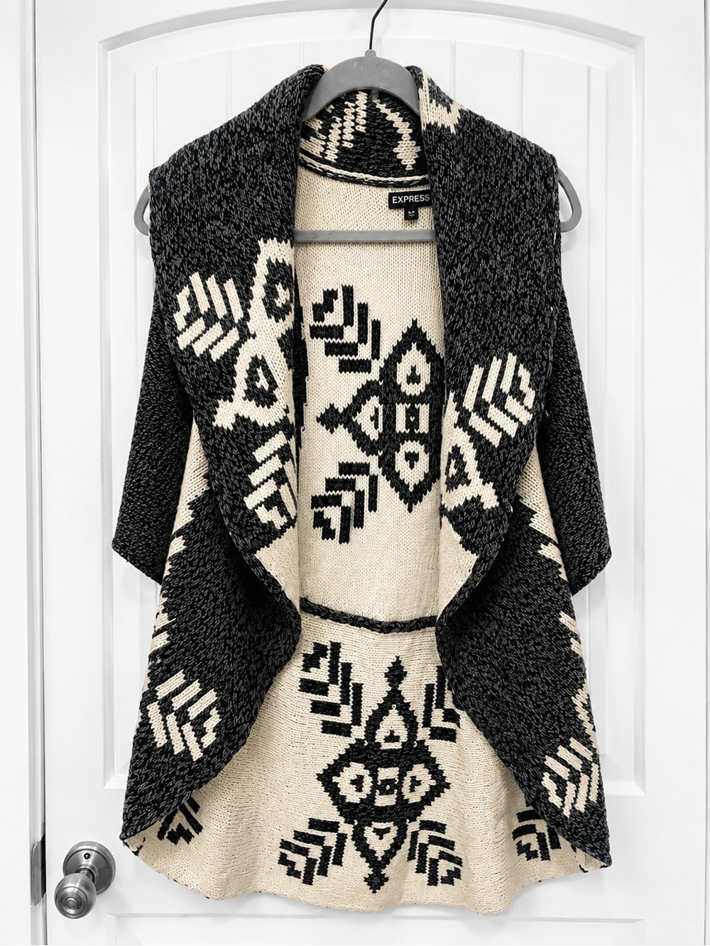 Express Black Ivory Aztec Open Front Shawl Collar Cardigan S/P